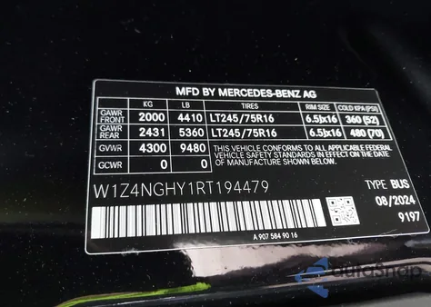 2024 Mercedes-Benz Sprinter 2500 High Roof 4-Cyl Diesel Ho from USA, damaged, VIN W1Z4NGHY1RT194479